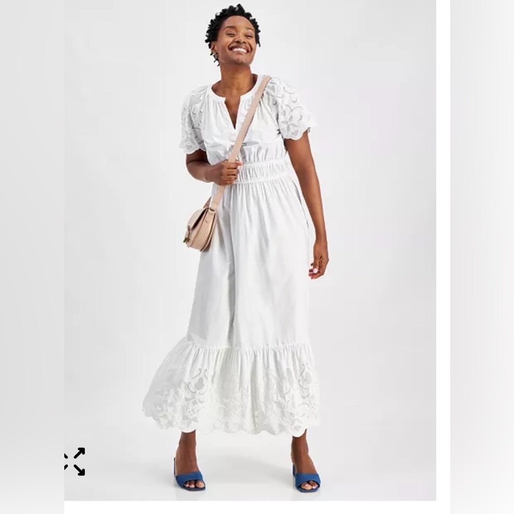 Women's Cotton Embroidered White Eyelet Maxi Dress with Smocked Waist, size XL